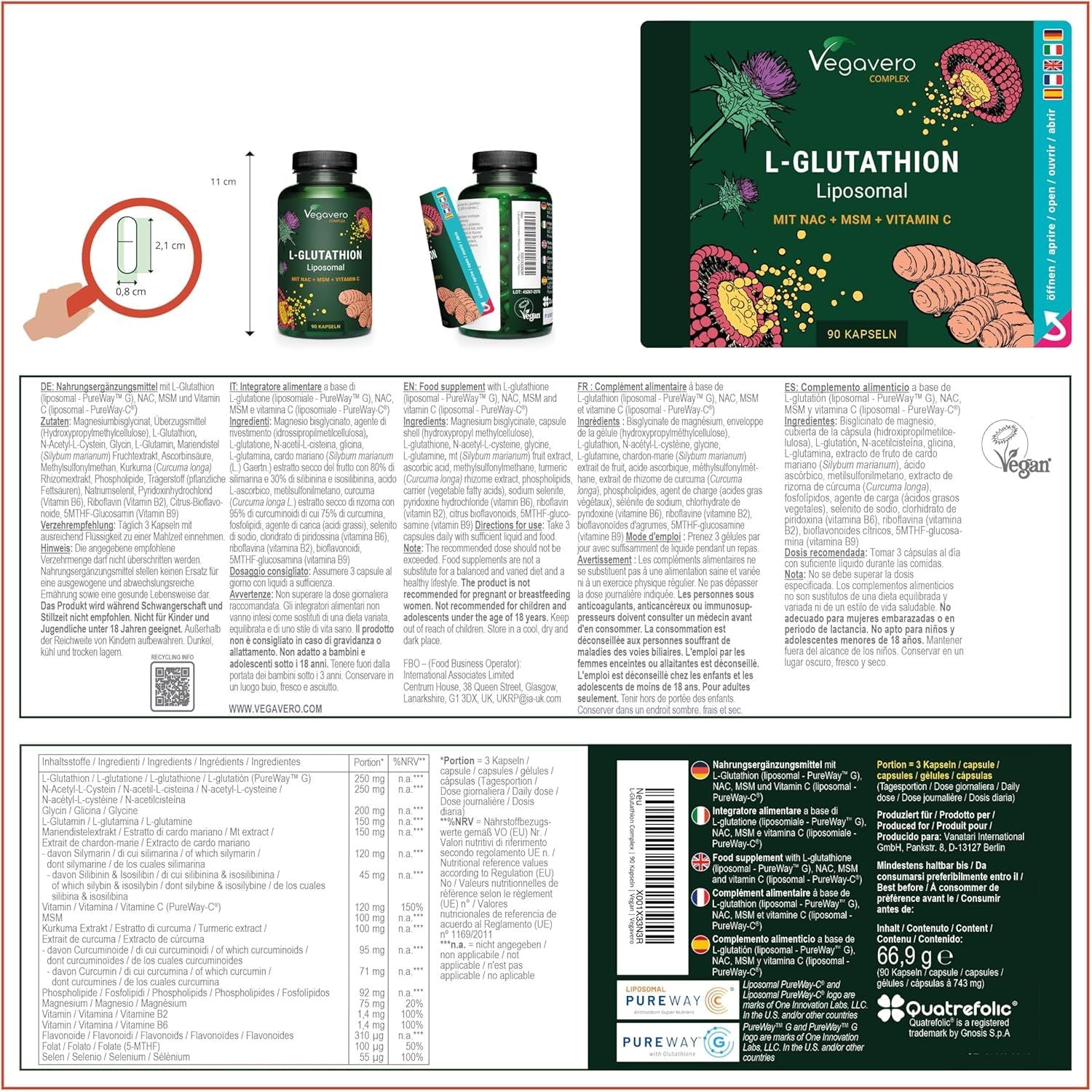 Vegavero L-Glutathione Complex | with Glycin, Pureway-C® Vitamin C Liposomal and MSM | NO Additives | Vegan | 90 Capsules