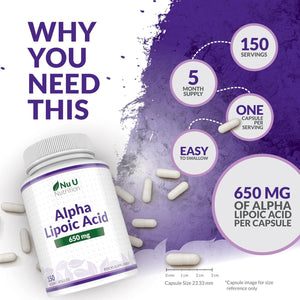 Alpha Lipoic Acid 650Mg - 150 High Strength Vegan ALA Capsules - 5 Month Supply - Amino Acid Supplement - Made in the UK - Nu U Nutrition