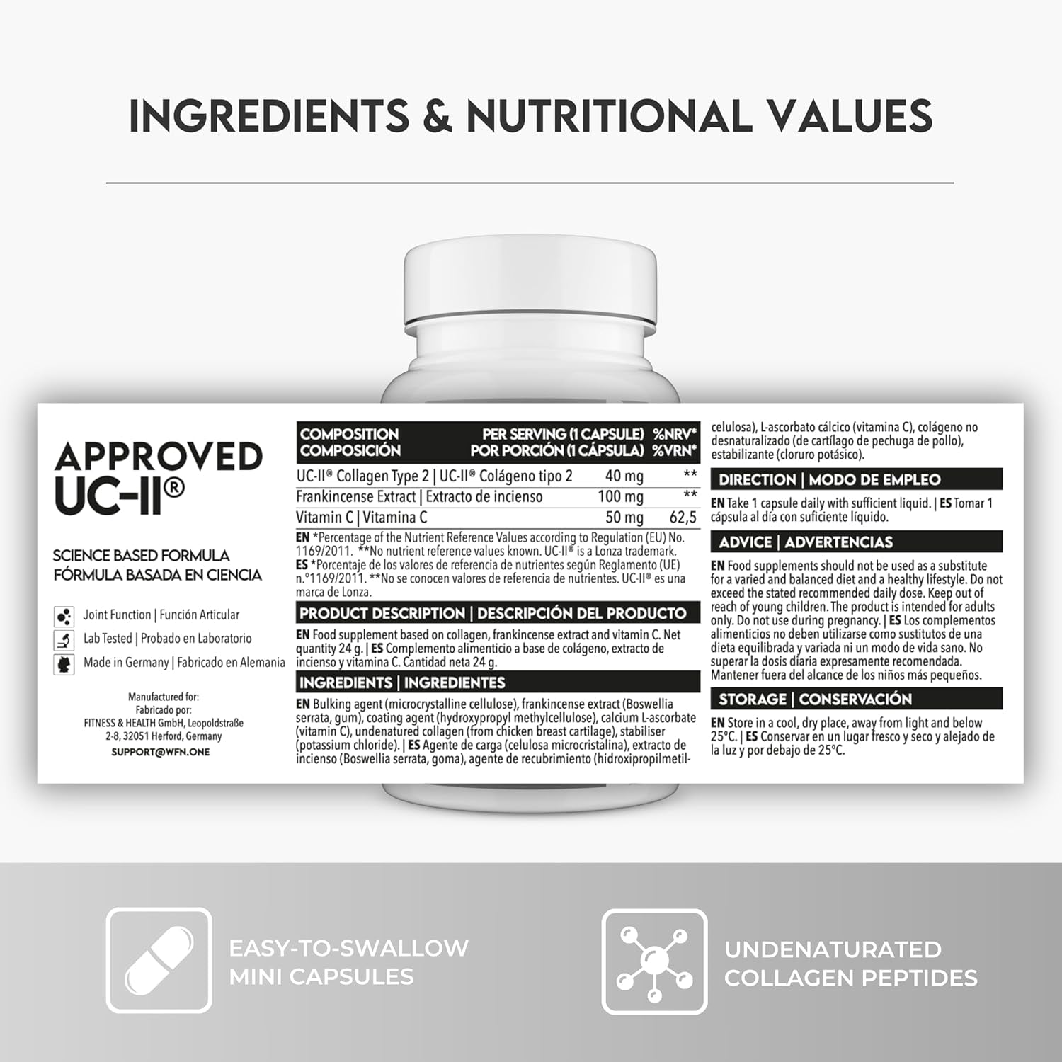 WFN Approved UC-II - Type 2 Collagen for Joints - 60 Capsules - 40Mg Undenatured Type II Collagen - Complex with UC II Collagen, Vitamin C & Boswellia Serrata - Produced & Tested in Germany