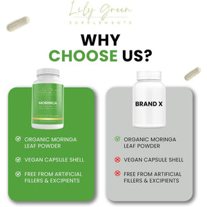 Lily Green Organic Moringa Capsules | 1500Mg per Serving Amino Acid Supplements | Rich in Vitamins, Calcium, Iron, Potassium & Antioxidants | No Artificial Additives | 90 Vegan Capsules | Made in UK