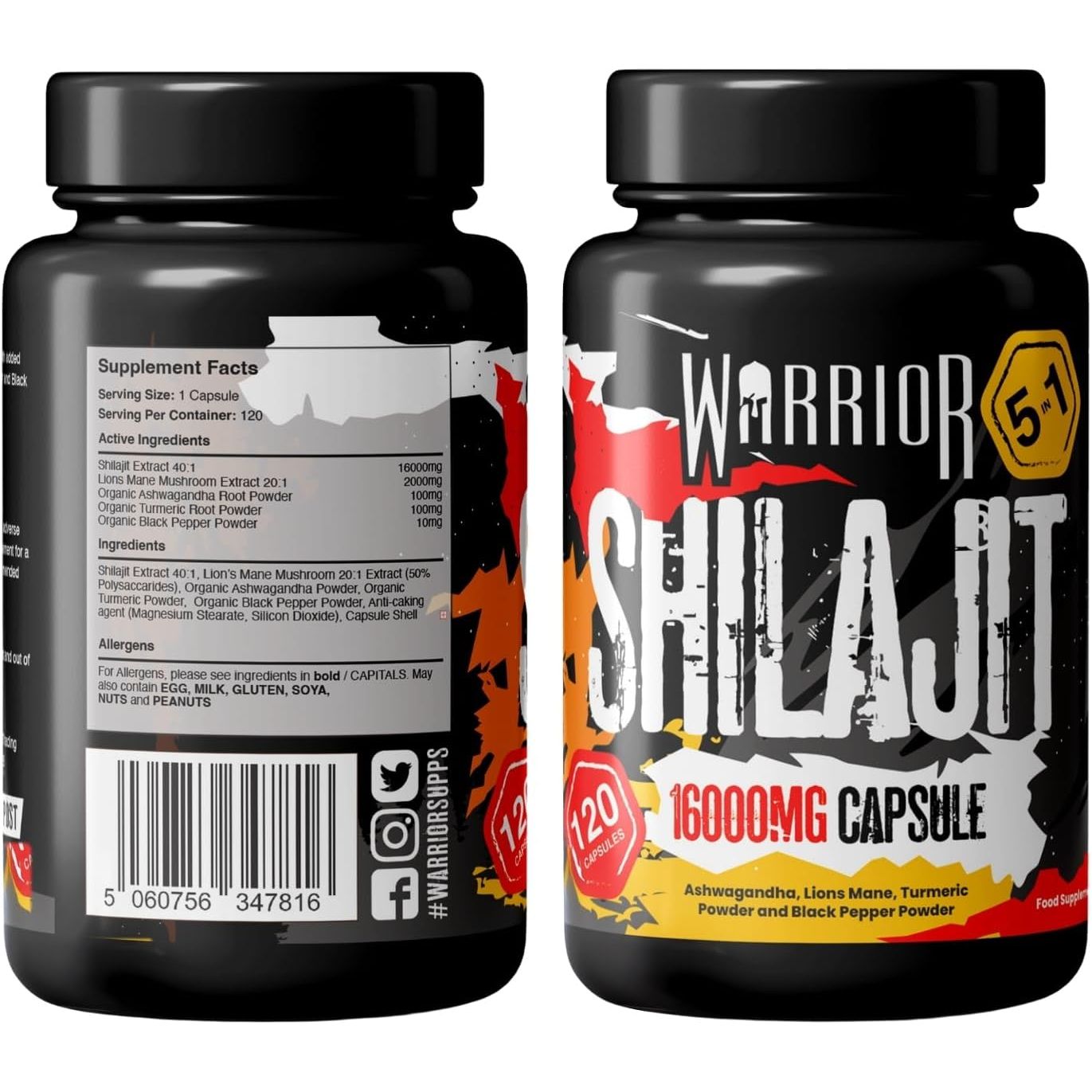 Warrior SHILAJIT Capsules (120 Capsule and Servings) – 5 in 1 Supplement (Not Resin) – 16000Mg Pure Organic Extract – Includes Ashwagandha, Lions Mane, Turmeric & Black Pepper