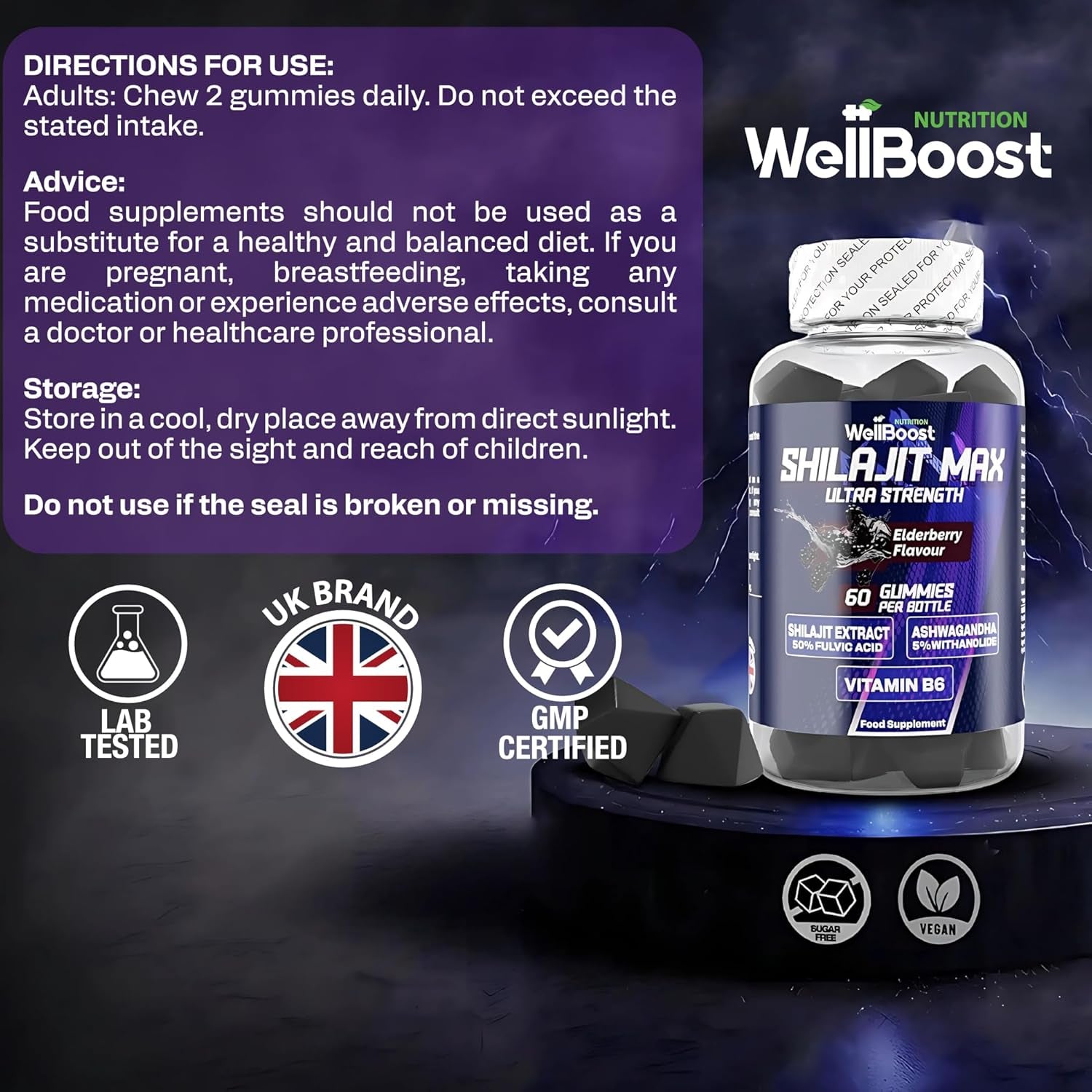 Wellboost Shilajit Max Gummies – 200Mg Shilajit, 40Mg Ashwagandha, 2Mg Vitamin B6 – Vegan Elderberry Flavour – Energy, Vitality & Well-Being Support for Adults (1 Month Supply).