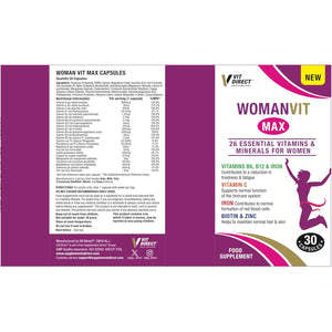 Vit Direct - Woman VIT Max Capsules - 30 Capsules - with Vitamin C, Iron, Biotin, Zinc, Vitamin B6 & B12 - Contains 26 Vitamins & Minerals - Womens Multivitamins - Complete Nutritional Support