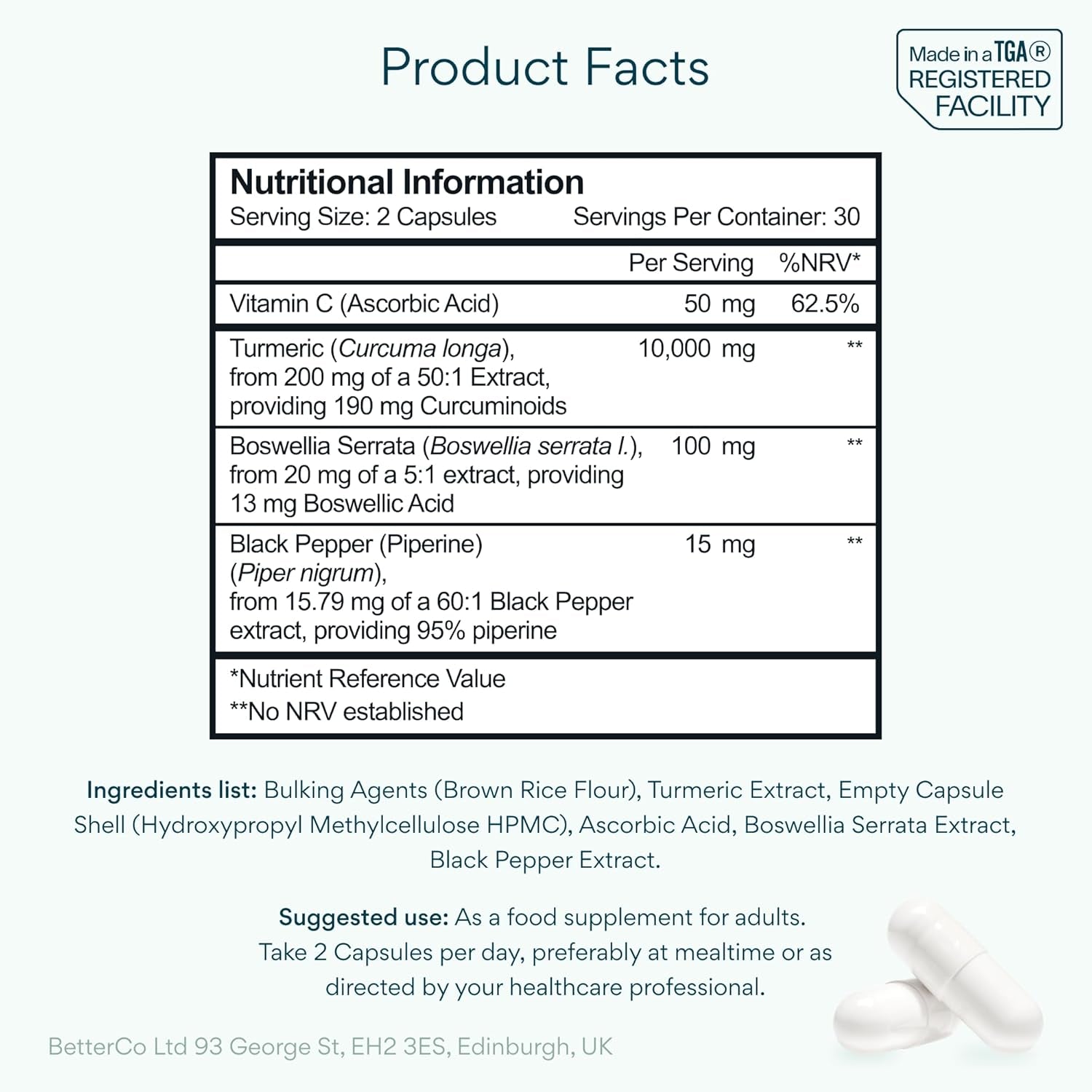 Bettervits Turmeric and Black Pepper Capsules with Boswellia Serrata - 10,000Mg Curcumin Supplement | Turmeric Tablets Complex for Joint Support with High Absorption Formula and Vitamin C - 60 Tablets