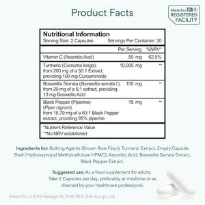 Bettervits Turmeric and Black Pepper Capsules with Boswellia Serrata - 10,000Mg Curcumin Supplement | Turmeric Tablets Complex for Joint Support with High Absorption Formula and Vitamin C - 60 Tablets