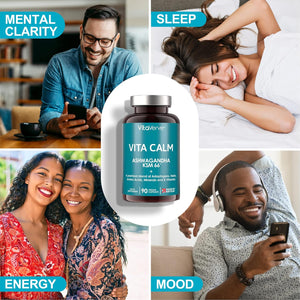 Vita Calm All-In-One Stress Relief with Ashwagandha KSM 66 12000Mg (High Strength 12 to 1 Extract), Passion Flower, Lemon Balm, Bacopa, L- Theanine, Magnesium, B Complex, Folate & Zinc