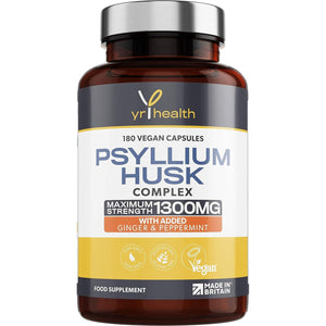 Psyllium Husks Capsules - 1300Mg Fibre Supplement - 180 Vegan Capsules with Added Peppermint & Ginger - 2 Capsules Not Tablets per Serving - Plantago Ovata Plant Seeds - Made in the UK by Yrhealth