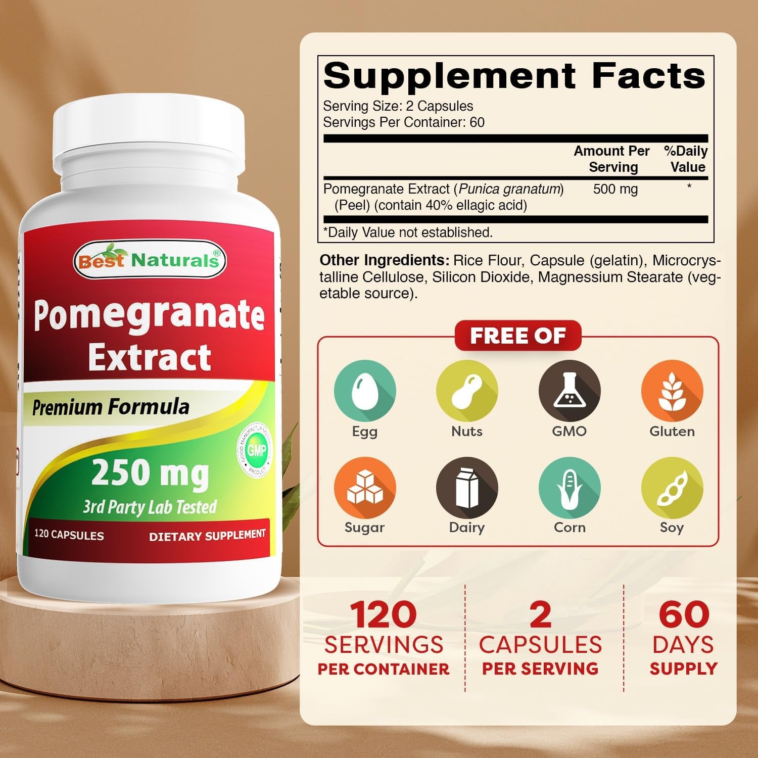 Best Naturals Pomegranate Extract 250 Mg 120 Capsules (120 Count (Pack of 1))