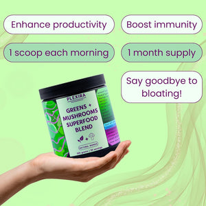 Super Greens Powder with Mushrooms 300G by Plexira – Natural Mango Greens Superfood Blend for Gut Health, Focus and Immunity