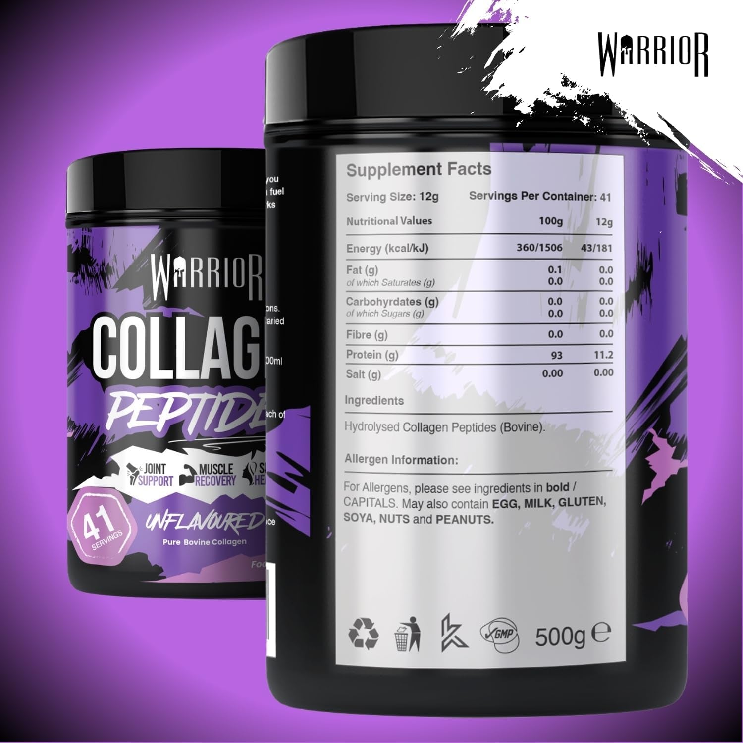 Warrior Collagen Powder 500G – Hydrolysed Peptides (Bovine) – Supplements for Women & Men – Pure Nutrition Supplement – Improves Muscle Recovery, Skin Health, Joint Support –Halal Cert (Unflavoured)