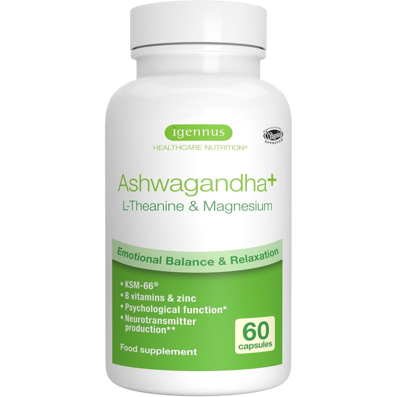 Igennus Advanced Ashwagandha KSM-66 Stress Support Complex 600Mg with L-Theanine & Magnesium, B-Vitamins & Zinc, Clean Label, Root-Only Extract 5% Withanolides, Vegan, 30 Servings