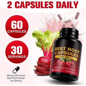 Beetroot Capsules 1300Mg, Beetroot Powder for Endurance Support & Energy, Vegan Beet Root Supplement (60 Capsules, 30-Day Supply)