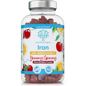 Iron Gummies with Added Vitamin C - 60 Natural Cherry Flavour Chewable Yummy Gummies - 2 Month Supply - Efficient Absorption and Gentler Digestion Formula - Made in the UK