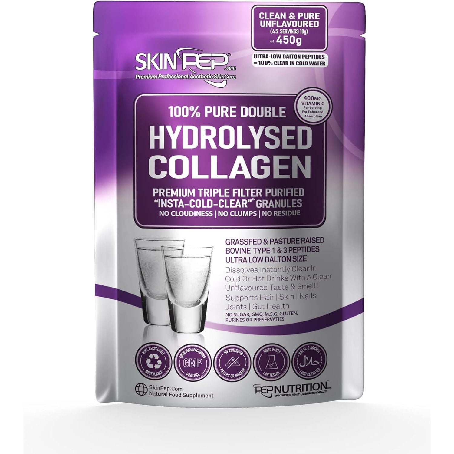 Collagen Powder 450G (+ 400Mg VIT C per 10G) Ultra Premium Double Hydrolysed Bovine Collagen Peptides by Skinpep - Halal Certified - 8 Essential Amino Acids, Collagen Supplements, Made in UK
