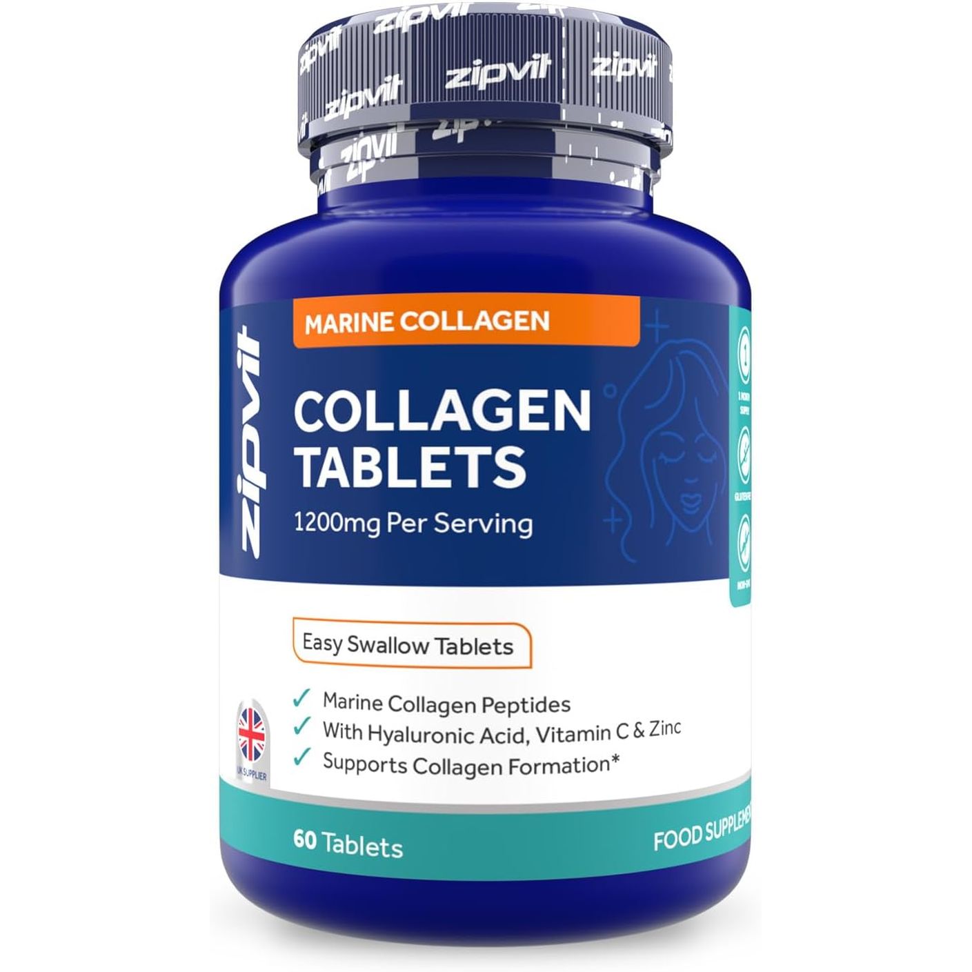 Zipvit Marine Collagen 1200Mg Tablets with Hyaluronic Acid, Vitamin C, and Zinc. High Strength Type 1 Collagen for Men and Women, Supports Hair, Skin, and Nails, 60 Tablets, 1 Month Supply