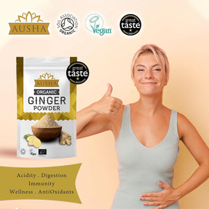 Ausha Organic GINGER POWDER 250G - UK Certified Orgainic by Soil Association -1* GREAT TASTE AWARD 2023 -Use in Ginger Shot, Cooking - Immunity, Digestion - Ground Ginger Root Tea