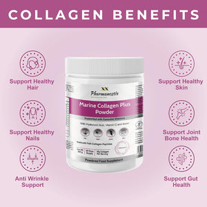 Pharmanostix Hydrolysed Marine Collagen plus Powder 300G - 10,000Mg Collagen with Hyaluronic Acid, Biotin, Vitamin C & B Vitamins - Type 1 & 3 Pure Naticol Collagen - UK Manufactured (Unflavoured)