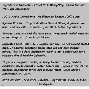 Quercetin 500Mg Capsules 98% Extract 120 Vegetarian Capsules, 100% Natural - NO Chemicals or SYNTHEIC FILLERS or Binders