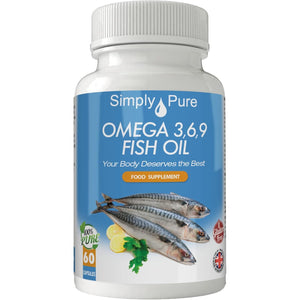 Simply Pure Omega 3,6,9 Fish Oil Complex with Flaxseed & Vitamin E for Heart Health and Joint Stiffness | Distilled for No Fishy Aftertaste | DHA and EPA | 1400Mg Capsules X 60 | Gluten Free | GM Free