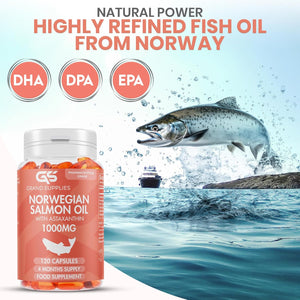 Norwegian Salmon Oil with Astaxanthin 1000Mg - 4 Months / 120 Days Supply - Pink Peptide Omega 3 6 9 Capsules High Strength - Rich in EPA, DHA & DPA, Burpless Taste