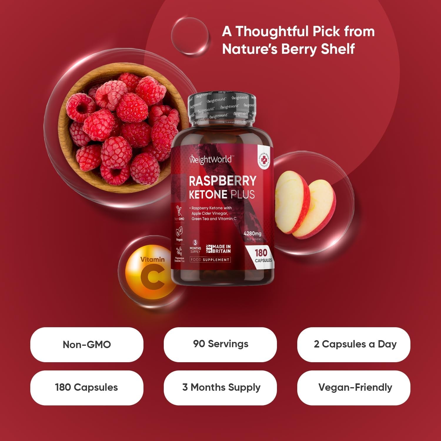 Raspberry Ketone plus 4280Mg - 180 Vegan Capsules - with Apple Cider Vinegar, Vitamin C, Caffeine & Green Tea - 3 Months Supply - Keto & Low Carb Diet-Friendly Raspberry Ketones Supplement
