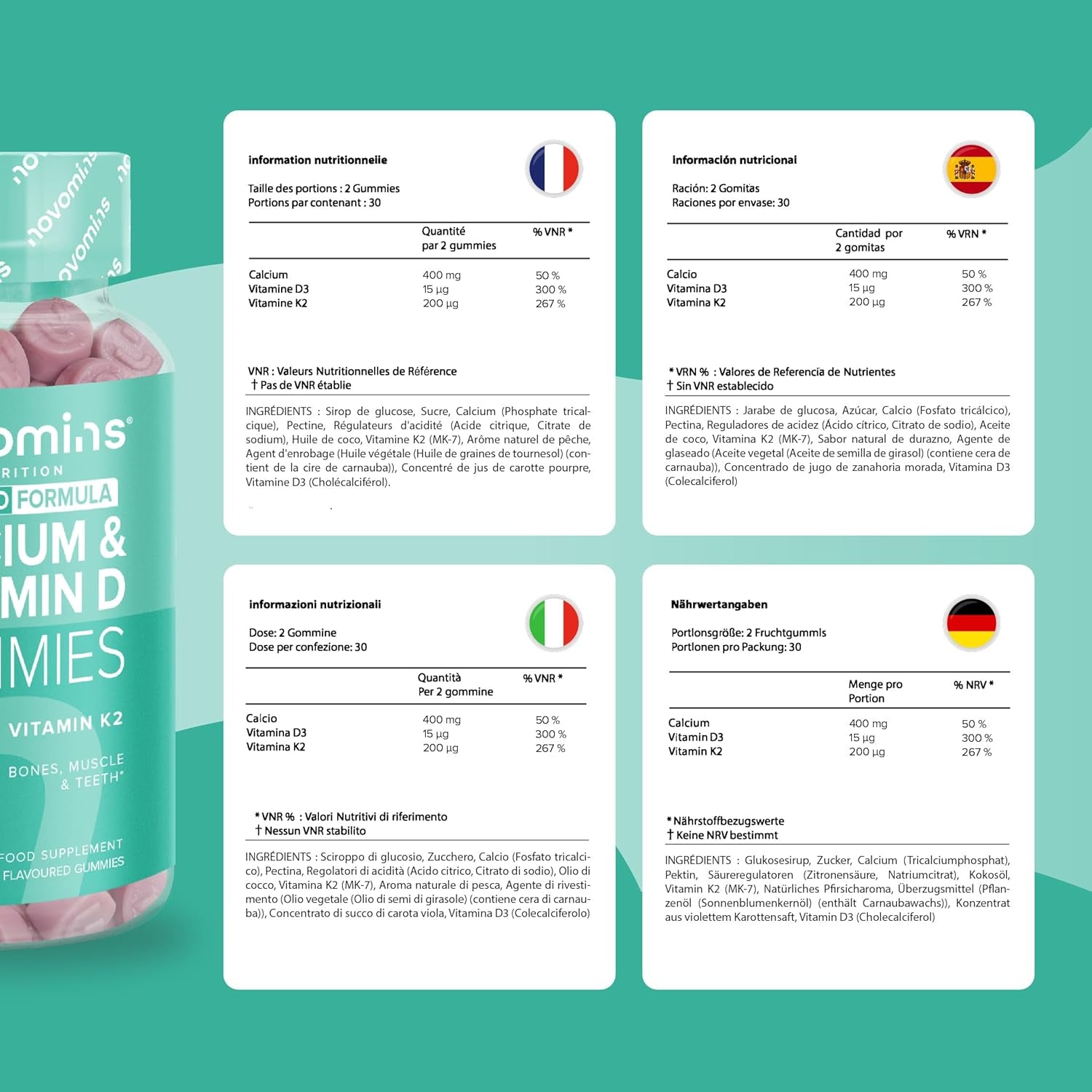 Calcium Gummies - 1 Month Supply - Vegetarian Formula with 400Mg Calcium, Vitamin D3 K2 (MK7) - Healthy Muscles and Bones - Alternative to Tablets & Vitamin D Tablets - Novomins