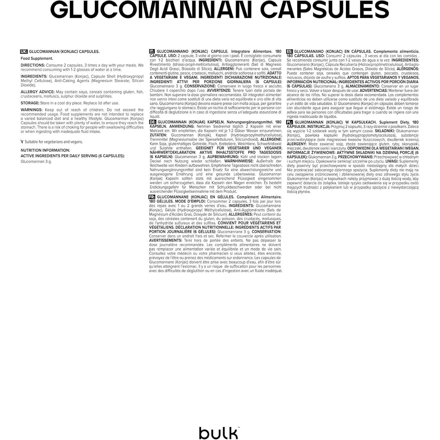 Bulk Glucomannan Capsules. 500 Mg, Konjac, Pack of 180, 90 Servings, Packaging May Vary