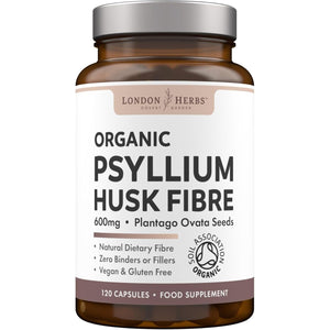London Herbs Organic Psyllium Husk Capsules 1200Mg | High Strength Psyllium Husk Fibre Supplement | 120 Vegan Capsules | Daily Soluble Fibre Supplement