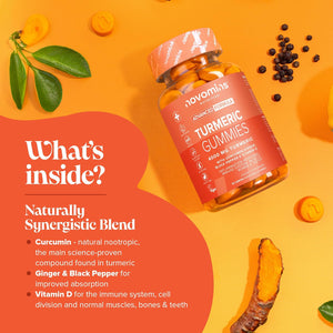 Turmeric Gummies – 4000Mg High Strength Turmeric and Ginger Gummies with Curcumin, Black Pepper & Vitamin D – Tumeric Supplements Joint Support –Immunity, Muscle & Bone – Novomins
