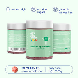 Jelly Pills Calcium for Kids + Probiotics & Vitamins D3 and K2-70 Vegan Gummies - No Added Sugars - Strawberry Flavor - Bone & Teeth Support