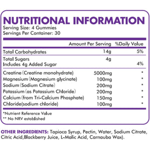 Supplmnt. Creatine Gummies with Electrolytes, 5000Mg Creatine Monohydrate, Blackberry Flavour, 120 Gummies – Vegan, Gluten-Free, Non-Gmo – Food Supplement – 30-Day Supply