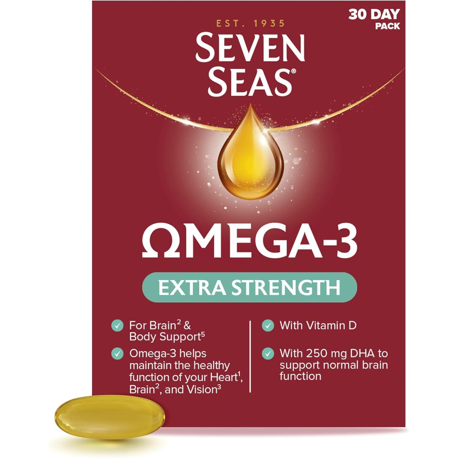 Seven Seas Omega-3 Fish Oil, Extra Strength, Omega 3 plus Vitamin D for Whole Body Healthplus, 30 One-A-Day Capsules, 1 Month Supply