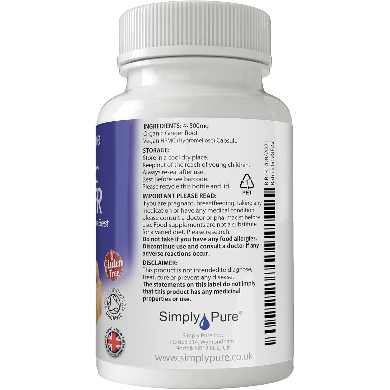 Simply Pure Organic Ginger for Digestive Health & Inflammation | 500 Mg X 90 Capsules | 100% Pure Soil Association Certified | Gluten Free | GM Free | Vegan