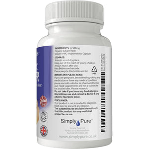 Simply Pure Organic Ginger for Digestive Health & Inflammation | 500 Mg X 90 Capsules | 100% Pure Soil Association Certified | Gluten Free | GM Free | Vegan