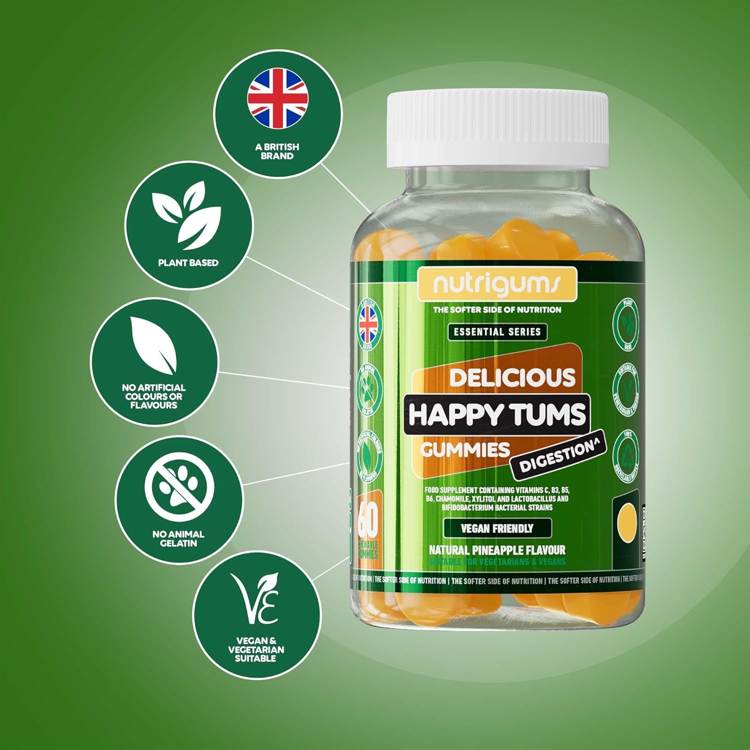 Happy Tums Probiotic Complex Gummy | 1.125 Billion CFU Triple Strain Probiotics, Vitamin C, B3, B5, B6 & Chamomile 1000Mg | Pineapple Flavour | 60 Vegan Gummies | Gut & Digestive Health by NUTRIGUMS®