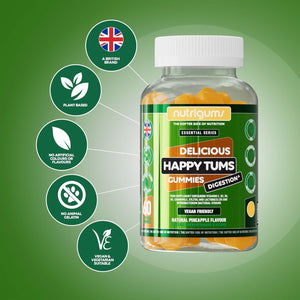 Happy Tums Probiotic Complex Gummy | 1.125 Billion CFU Triple Strain Probiotics, Vitamin C, B3, B5, B6 & Chamomile 1000Mg | Pineapple Flavour | 60 Vegan Gummies | Gut & Digestive Health by NUTRIGUMS®