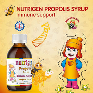 Nutrigen Propolis Syrup for Kids – Advanced Immune Support with Propolis, Vitamins, and Minerals in Blackberry Juice – Helps Prevent & Relieve Recurrent Infections, Shortens Illness Duration, 200 Ml