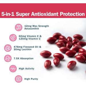 NYO3 Astaxanthin 12Mg, Premium Antioxidant Supplements, Vitamins C & E, Lecithin & Flaxseed Oil 60 Softgels, Fresh Microalgae Source | Supports Eye, Joint & Immune System Health
