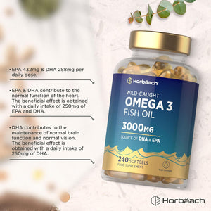 Omega 3 Capsules High Strength Fish Oil | 3000Mg | 240 Count | Wild-Caught Fatty Acid Supplement Providing 432Mg of EPA and 288Mg of DHA | by Horbaach