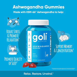 Goli Ashwagandha KSM-66 Gummies | Stress, Sleep & Mood Support | Mixed Berry | Vitamin D, Vegan, Plant Based, Non-Gmo, Gluten Free, Gelatin Free | Relax. Restore. Unwind. | 60 Gummies