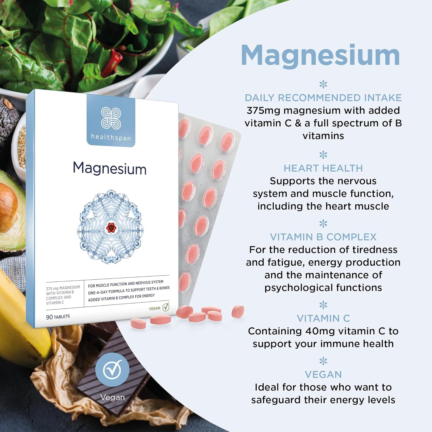 Healthspan Magnesium 375Mg | Everyday Support for Muscles & Nervous System | Added B Vitamins Complex | Added Benefits for Your Bones, Teeth & Energy Levels | Vegan (90 Tablets)