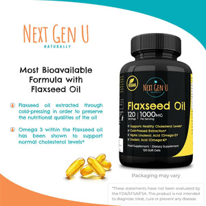 Flaxseed Oil Capsules - 1000 Mg - 120 Vegan Soft Gels - High in Omega 3, 6, 9 - Cold Pressed Flax Seed Formula - 4 Months Supply - by Nextgenu