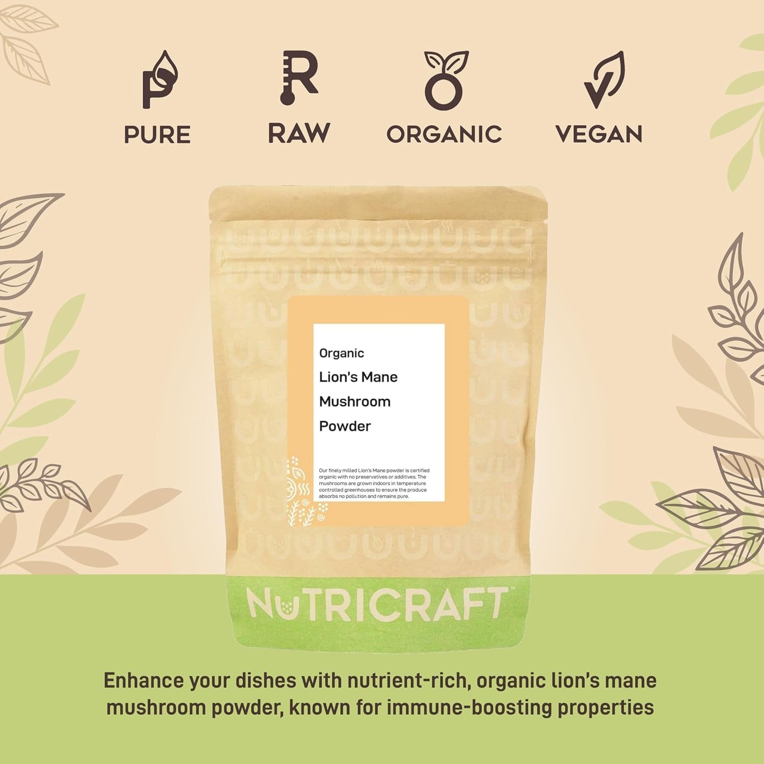 Nutricraft Organic Lion’S Mane Mushroom Powder - 1Kg, 100% Pure Botanical Food, No Preservatives, Vegan & Gluten-Free, Boosts Immune System, High in Nutrients, Use in Smoothies and Food