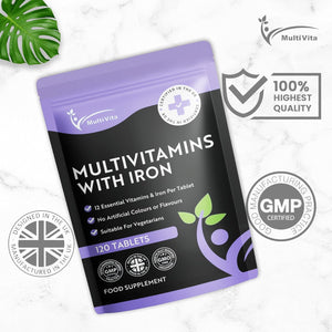 Multivita Multivitamins with Iron – 12 Essential Vitamins & Iron – Immune, Energy & Skin Support – 1-A-Day for Men & Women – 120 Tablets – 4 Month Supply – Vegetarian – Made in UK