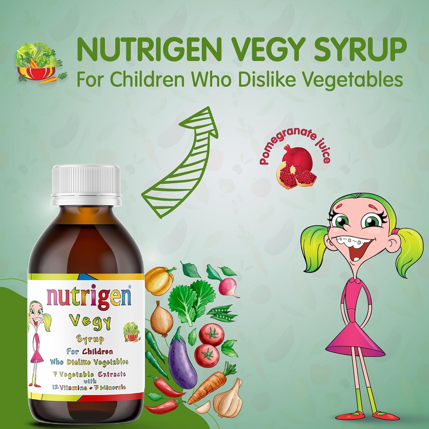 Nutrigen Vegy Syrup 200 Ml - Vitamins, Minerals, and 7 Vegetable Extracts in Pomegranate Juice