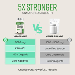 Ashwagandha High Strength Capsules | 3 Month Supply | 5500Mg | Organic Ashwagandha KSM 66 Root Extract Powder | Clean Formula Herbal Supplements | Vitabright UK