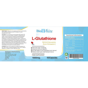 Bio White Glutathione Supplement - Natural Skin Whitening Anti-Aging Benefits and Improves Immunity, L-Glutathione Pills for Men & Women - Pure Antioxidant, 60 Capsules (1000Mg)
