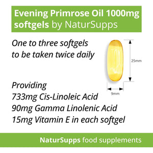 Natur Supps Evening Primrose Oil 1000Mg, Cold Pressed, Omega 6, 90Mg GLA, 733Mg LA, Vitamin E, 120 Evening Primrose Oil Softgel Capsules, UK Made