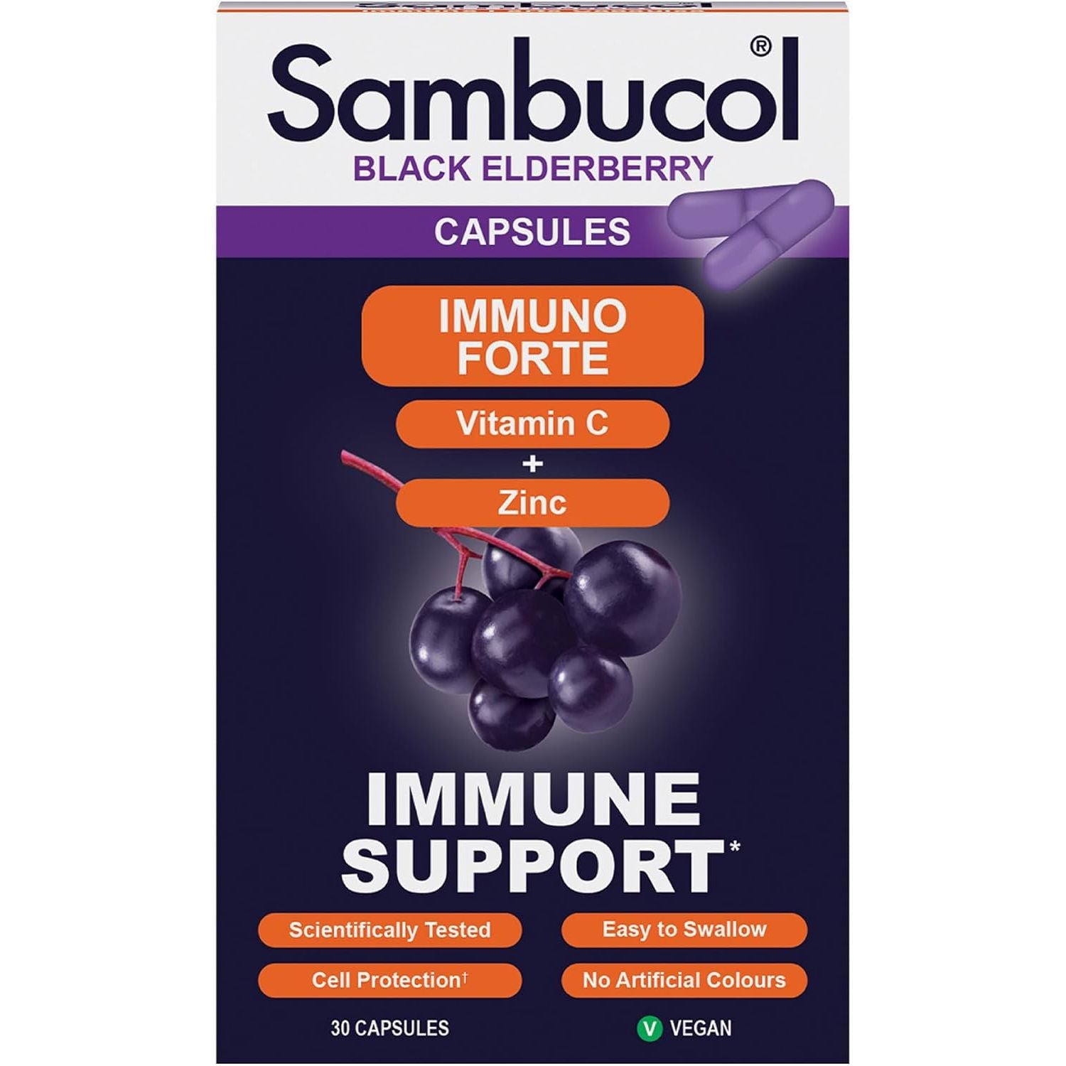 Sambucol Natural Black Elderberry Immuno Forte Capsules | Vitamin C | Zinc | Immune Support Supplement| 30 Capsules