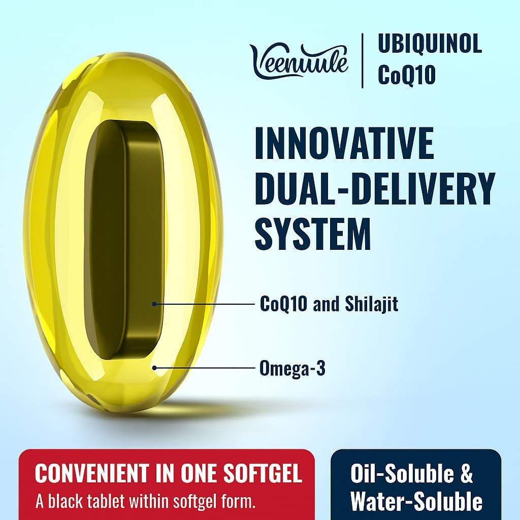 Ubiquinol Coq10 600Mg Softgels with Shilajit Extract 300Mg, Omega-3 150Mg - Dual-Delivery System - Enhanced Absorption for Maximum Active Coq10 Utilization (60 Count, Pack of 1)